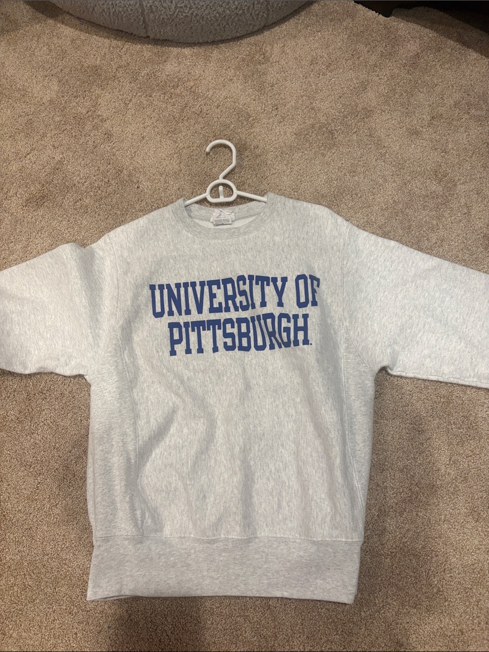 Champion Gray Crewneck Sweatshirt with Blue Collegiate Print